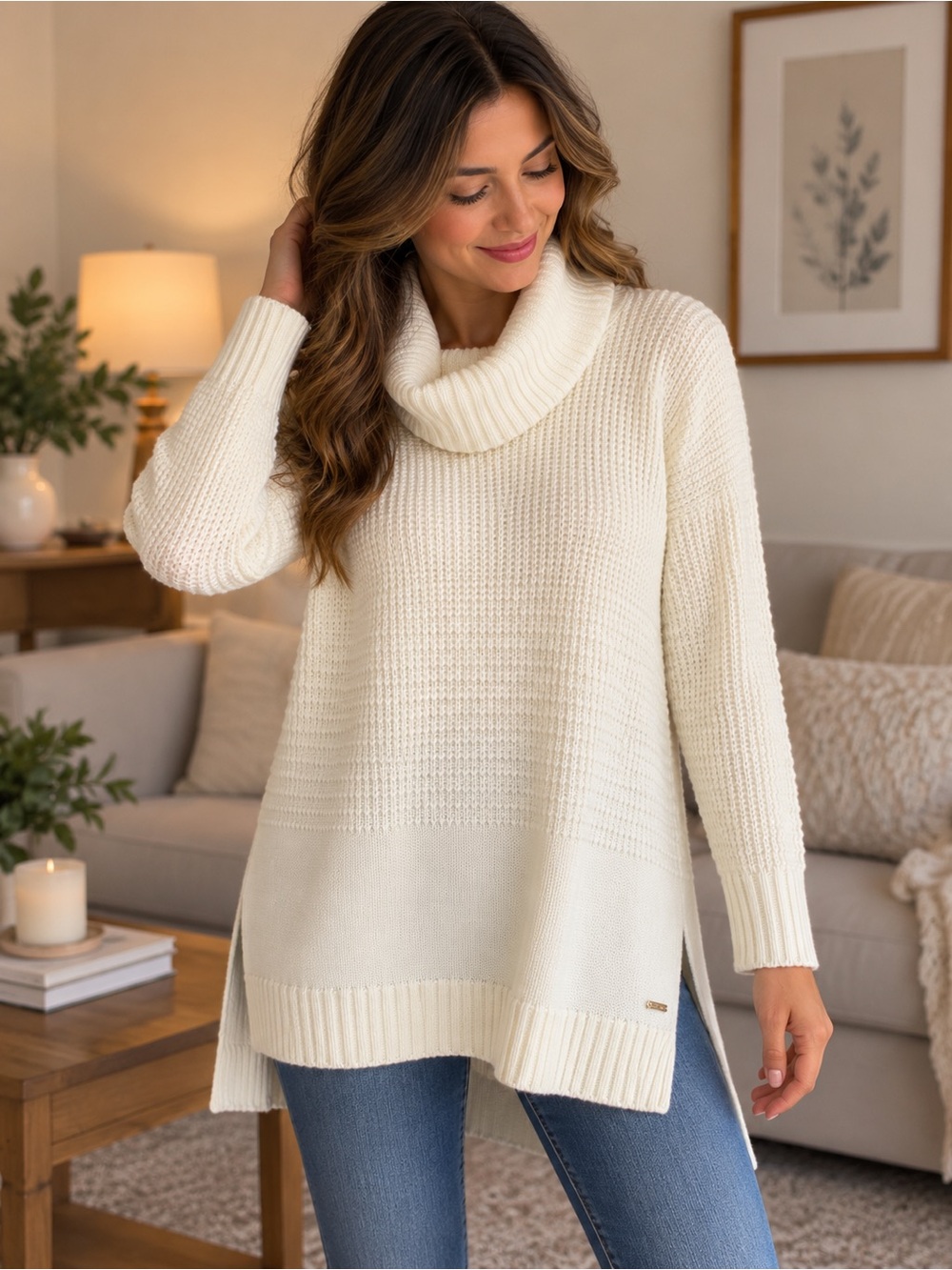 Calvin Klein Ivory Cowl Neck Knit Sweater Tunic Size Small